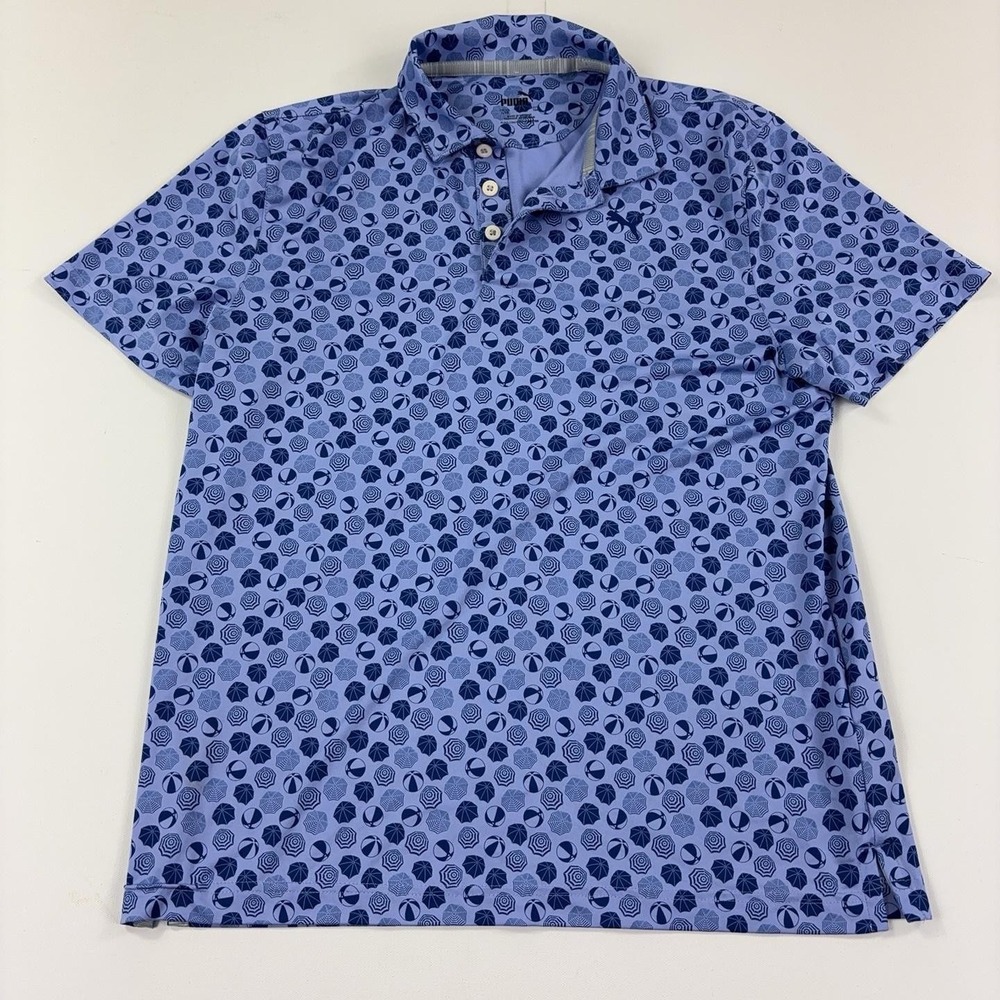 PUMA Polo Shirt Mens Large Blue Beach Umbrella Print Golf Short Sleeve Summer